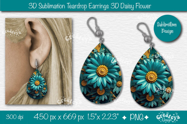 3D Earrings Sublimation Teardrop earring 3D Daisy 3D sublimation Floral Sublimation Createya Design 