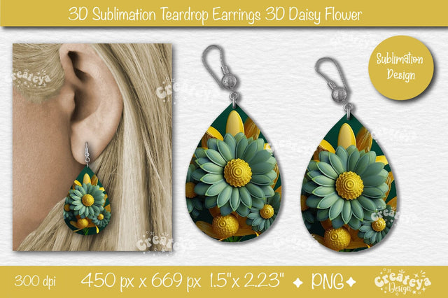 3D Earrings Sublimation Teardrop earring 3D Daisy 3D sublimation Floral Sublimation Createya Design 