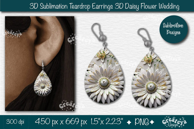 3D Earrings Sublimation Teardrop earring 3D Daisy 3D sublimation Floral Sublimation Createya Design 