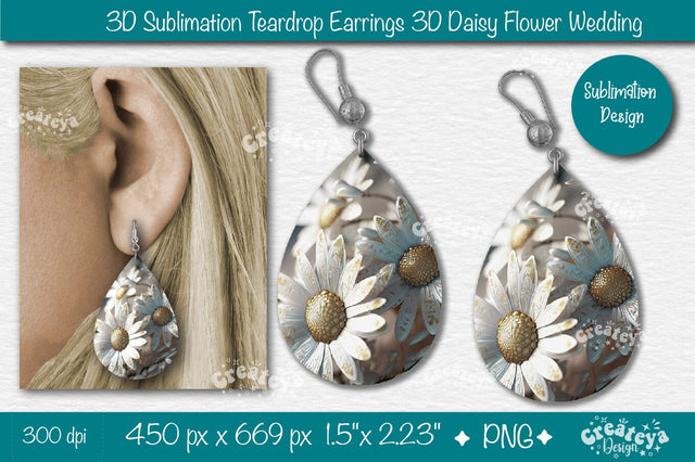 3D Earrings Sublimation Teardrop earring 3D Daisy 3D sublimation Floral Sublimation Createya Design 