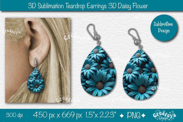 3D Earrings Sublimation Teardrop earring 3D Daisy 3D sublimation Floral Sublimation Createya Design 