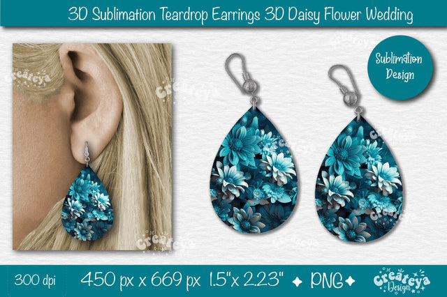 3D Earrings Sublimation Teardrop earring 3D Daisy 3D sublimation Floral Sublimation Createya Design 