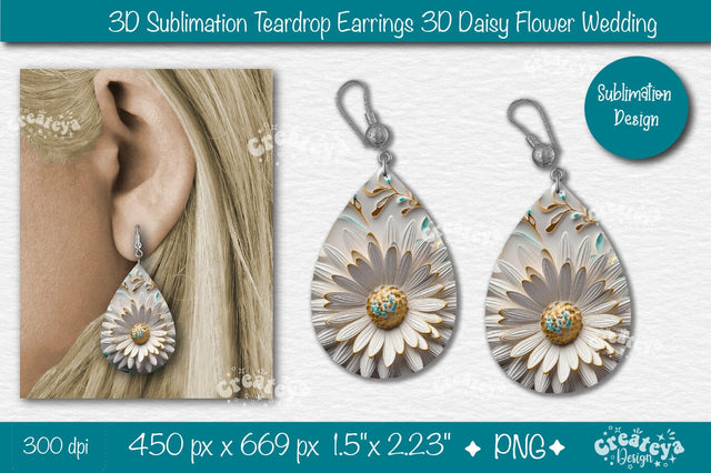 3D Earrings Sublimation Teardrop earring 3D Daisy 3D sublimation Floral Sublimation Createya Design 
