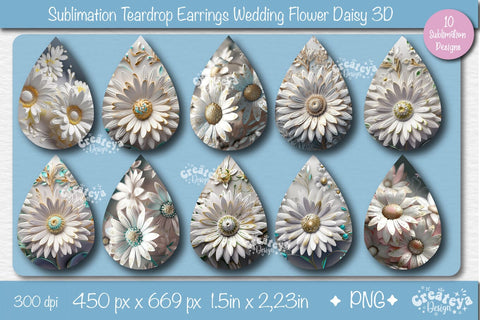 3D Earrings Sublimation| Teardrop earring 3D Daisy| 3D Wedding Floral sublimation bundle Sublimation Createya Design 