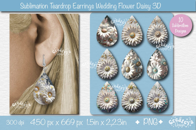 3D Earrings Sublimation| Teardrop earring 3D Daisy| 3D Wedding Floral sublimation bundle Sublimation Createya Design 