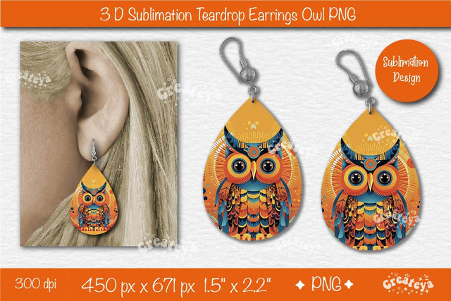 3D Earrings Sublimation Teardrop earring 3D Owl Country Style Sublimation Createya Design 