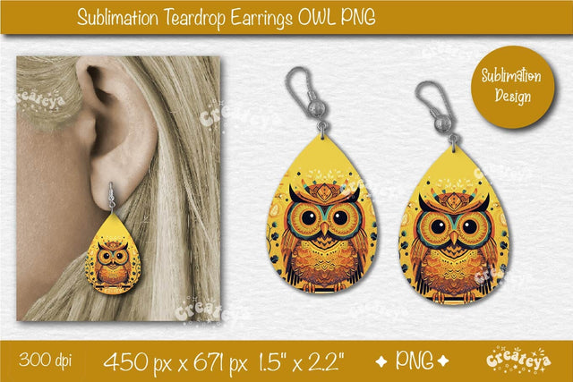 3D Earrings Sublimation Teardrop earring 3D Owl Country Style Sublimation Createya Design 