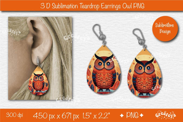 3D Earrings Sublimation Teardrop earring 3D Owl Country Style Sublimation Createya Design 