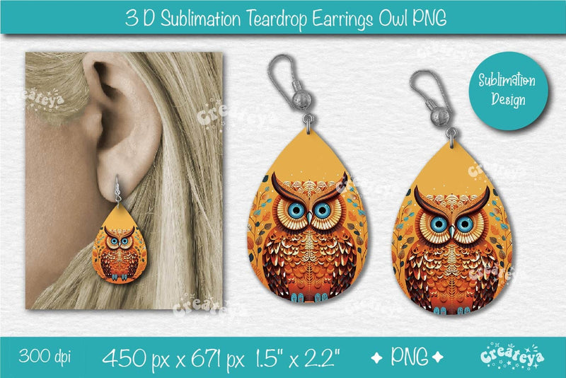 3D Earrings Sublimation Teardrop earring 3D Owl Country Style Sublimation Createya Design 