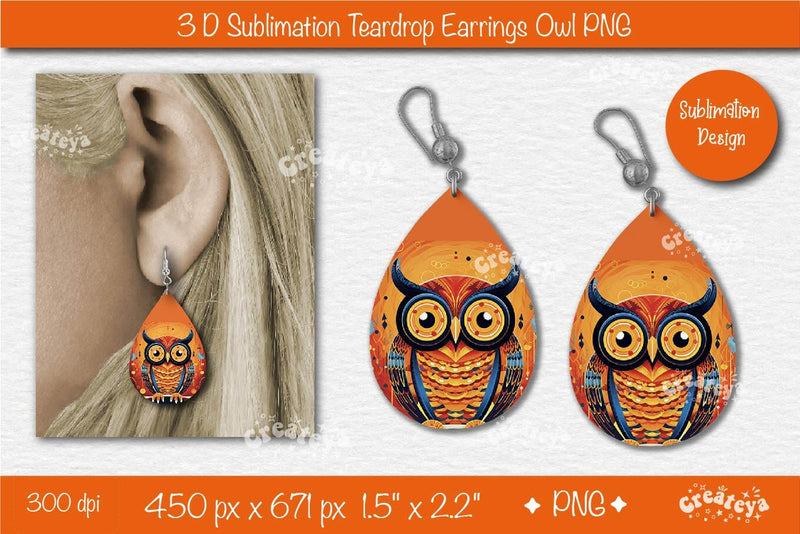 3D Earrings Sublimation Teardrop earring 3D Owl Country Style Sublimation Createya Design 