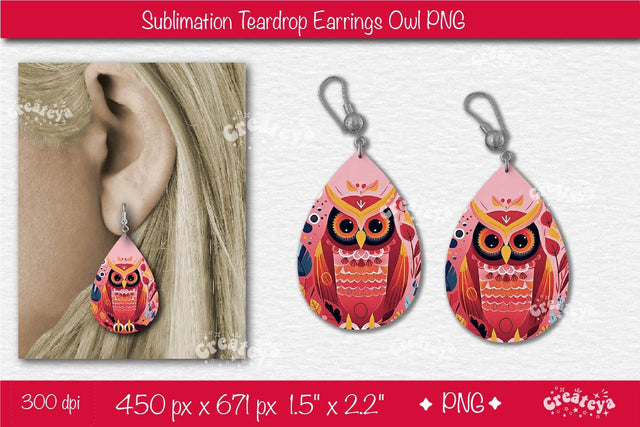 3D Earrings Sublimation Teardrop earring 3D Owl Country Style Sublimation Createya Design 