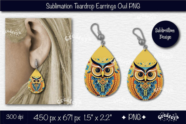 3D Earrings Sublimation Teardrop earring 3D Owl Country Style Sublimation Createya Design 