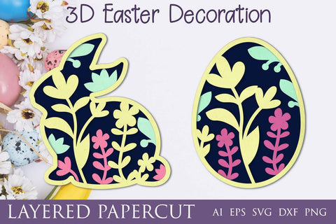 3d easter bunny with flowers and easter egg, Layered papercut template 3D Paper AnastasiyaArtDesign 