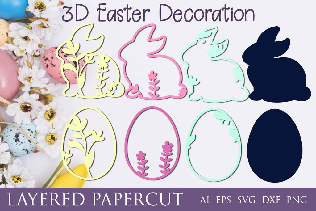3d easter bunny with flowers and easter egg, Layered papercut template ...