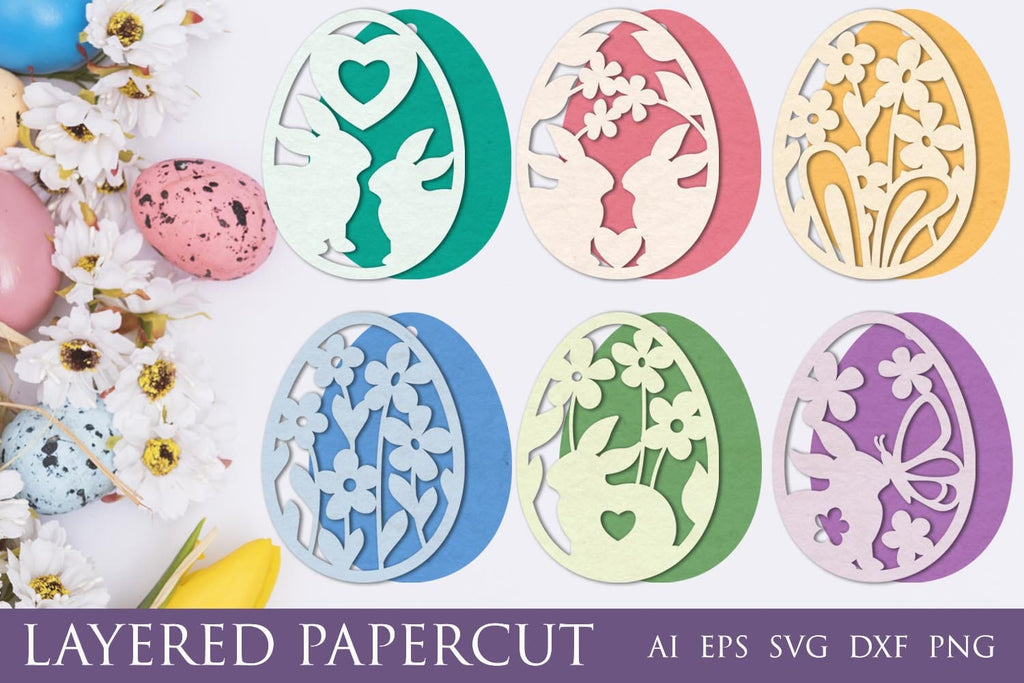 3d easter egg svg, Layered papercut easter decor with bunny and flowers ...