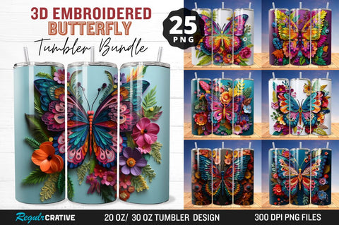 3D Embroidered Butterfly Tumbler Bundle Sublimation Regulrcrative 