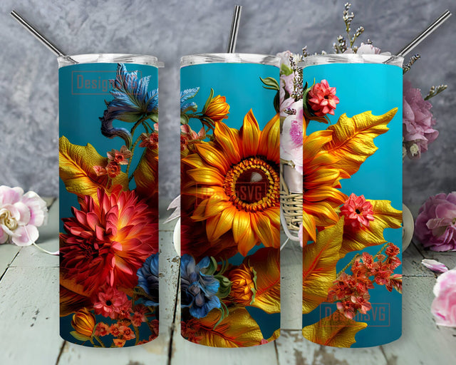 3D Embroidery Floral 20oz Skinny Tumbler Png, Floral Seamless Tumbler, Neon Rainbow Floral Seamless Tumbler, Sunflower Tumbler Wrap, Floral Seamless Tumbler Template Sublimation DesignSVG 