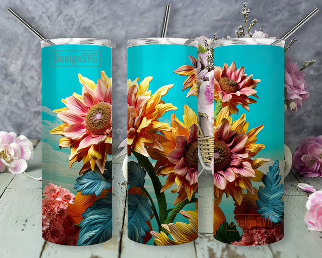 3D Embroidery Sunflowers 20oz Skinny Tumbler Png, Colorful Sunflower Tumbler Wrap, Floral Flowers Tumbler, Floral Seamless Tumbler Template Sublimation DesignSVG 