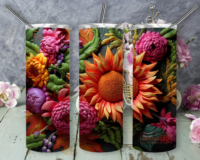 3D Embroidery Sunflowers 20oz Skinny Tumbler Png, Floral Seamless Tumbler, Neon Rainbow Floral Seamless Tumbler, Sunflower Tumbler Wrap, Floral Seamless Tumbler Template Sublimation DesignSVG 