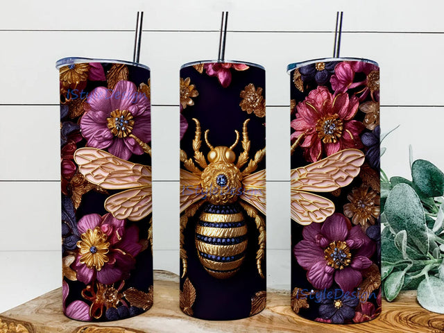 3D Encrusted Bee 20oz Skinny Tumbler Png, 3D Bee Flowers Tumbler, Bumble Bee, Honey Bee, 3D Bee Tumbler Wrap Black And Pink Tumbler Sublimation iStyleDesign 