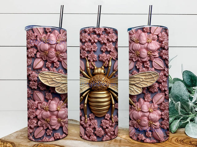 3D Encrusted Bee Flowers 20oz Skinny Tumbler Png, Pink Flowers 3D Bee Tumbler, Bumble Bee, Honey Bee, 3D Bee Tumbler Wrap Pink Tumbler Sublimation iStyleDesign 