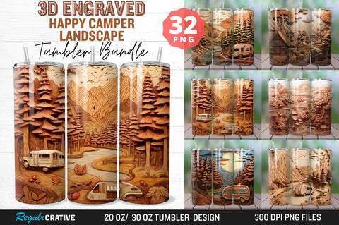 3D Engraved Happy Camper Landscape Tumbler Bundle Sublimation Regulrcrative 