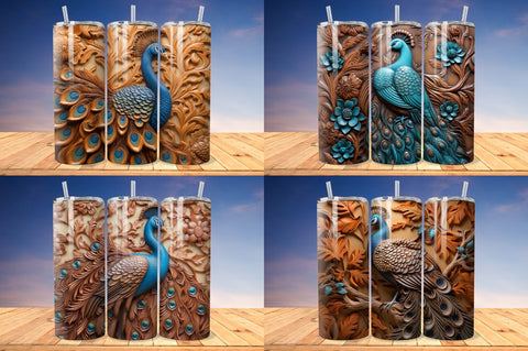 3D Engraved Leather Peacock Tumbler Bundle Sublimation Regulrcrative 