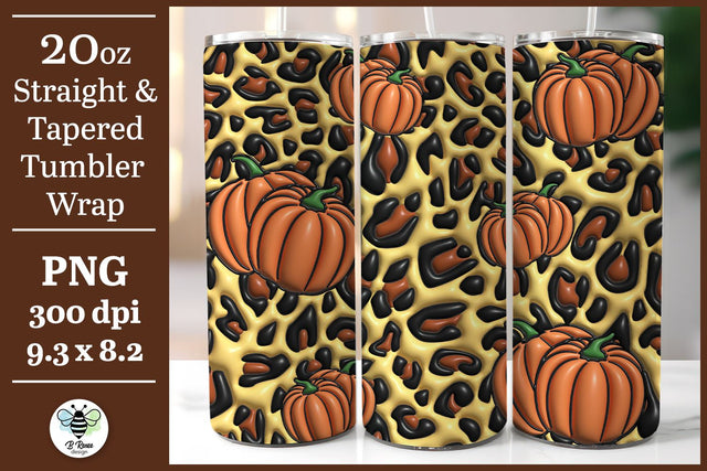 3D Fall 20oz Tumbler Wrap | Inflated 3D Leopard Print Pumpkins Sublimation B Renee Design 