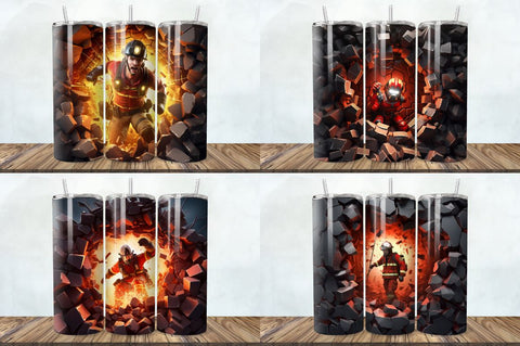 3D Firefighter Cracked Hole Tumbler Bundle Sublimation Regulrcrative 