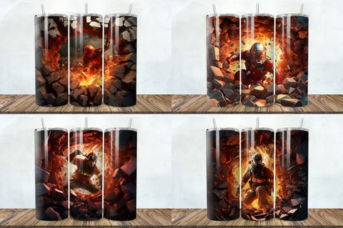 3D Firefighter Cracked Hole Tumbler Bundle Sublimation Regulrcrative 
