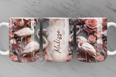 3D Flamingo Mug, Pink Floral Mug Wrap, Add Your Own Text, 3D Flower Mug, 3D Mural Mug, 11 & 15 Oz Mug Sublimation Wrap, Digital Download Sublimation Syre Digital Creations 
