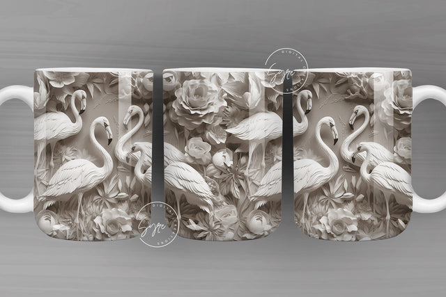 3D Flamingo Mug, White Floral Mug Wrap, Flamingo Mug Design, 3D Flower Mug, 3D Mural Mug, 11 & 15 Oz Mug Sublimation Wrap, Digital Download Sublimation Syre Digital Creations 