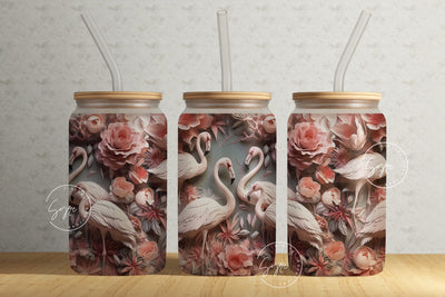 3D Flamingo Tumbler, Pink Rose Floral Tumbler, 16 oz Libbey Glass Can Tumbler Sublimation, Spring Tumbler, Plaster Wall Art, Digital File Sublimation Syre Digital Creations 