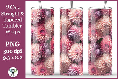 3D Floral 20oz Tumbler PNG | Pink and Purple Dahlia Wrap Sublimation B Renee Design 