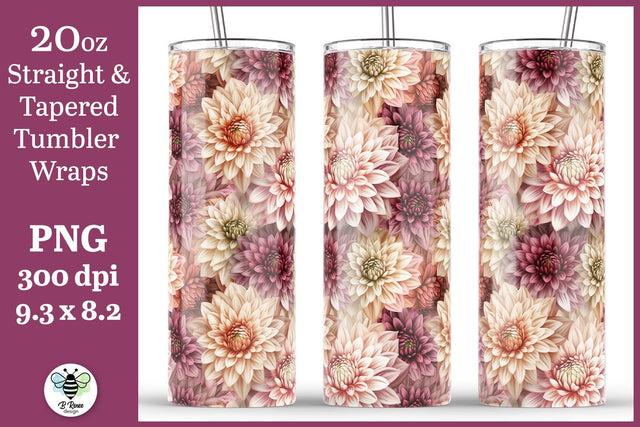 3D Floral 20oz Tumbler Wrap | Pink and Cream Dahlia PNG Sublimation B Renee Design 