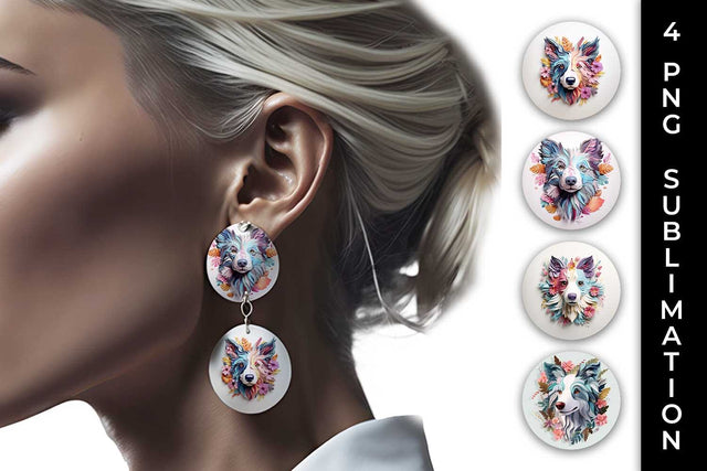 3D Floral Fantasy Border Collie Earrings Sublimation PNG Bundle Free For Commercial Use Sublimation Sintegra 
