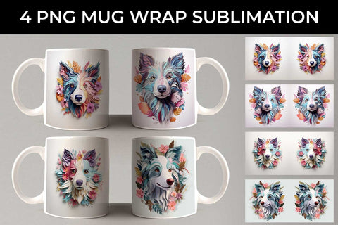3D Floral Fantasy Border Collie Mug Sublimation PNG Bundle Free For Commercial Use Sublimation Sintegra 
