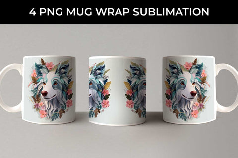 3D Floral Fantasy Border Collie Mug Sublimation PNG Bundle Free For Commercial Use Sublimation Sintegra 