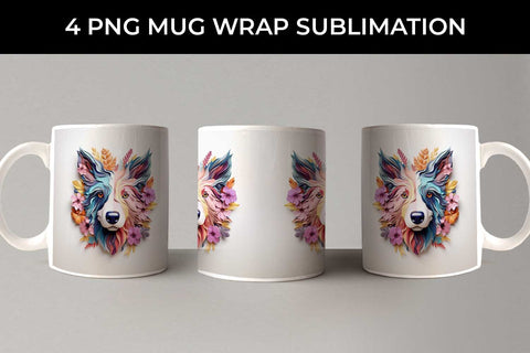 3D Floral Fantasy Border Collie Mug Sublimation PNG Bundle Free For Commercial Use Sublimation Sintegra 