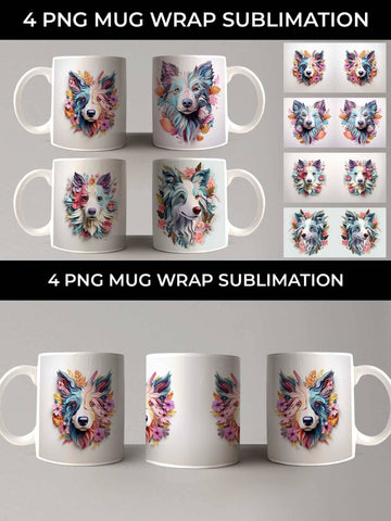 3D Floral Fantasy Border Collie Mug Sublimation PNG Bundle Free For Commercial Use Sublimation Sintegra 