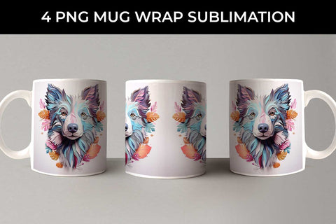 3D Floral Fantasy Border Collie Mug Sublimation PNG Bundle Free For Commercial Use Sublimation Sintegra 