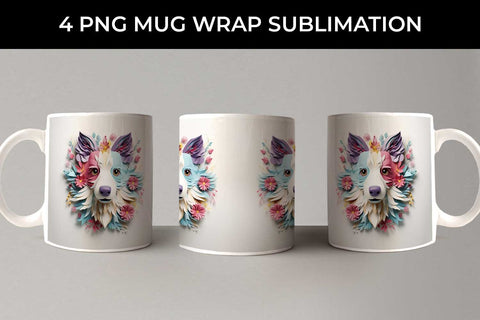 3D Floral Fantasy Border Collie Mug Sublimation PNG Bundle Free For Commercial Use Sublimation Sintegra 