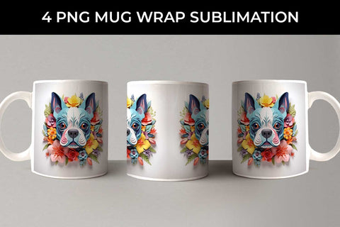 3D Floral Fantasy Boston Terrier Mug Sublimation PNG Bundle Free For Commercial Use Sublimation Sintegra 