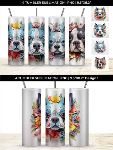 3d Floral Fantasy Boston Terrier Tumbler Wrap Sublimation PNG Bundle Free For Commercial Use Sublimation Sintegra 
