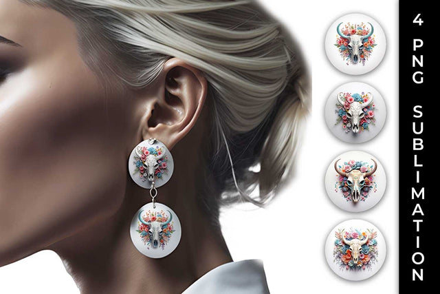 3d Floral Fantasy Bull Skull Earrings Sublimation PNG Bundle Sublimation Sintegra 