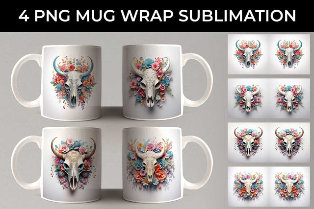 3d Floral Fantasy Bull Skull Mug Sublimation PNG Bundle Free For Commercial Use Sublimation Sintegra 