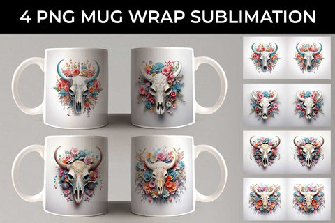 3d Floral Fantasy Bull Skull Mug Sublimation PNG Bundle Free For Commercial Use Sublimation Sintegra 