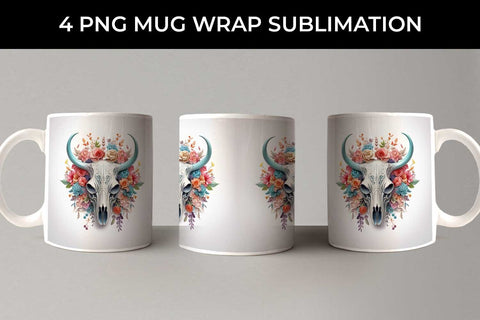 3d Floral Fantasy Bull Skull Mug Sublimation PNG Bundle Free For Commercial Use Sublimation Sintegra 