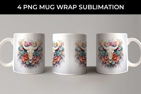 3d Floral Fantasy Bull Skull Mug Sublimation PNG Bundle Free For Commercial Use Sublimation Sintegra 