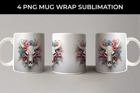 3d Floral Fantasy Bull Skull Mug Sublimation PNG Bundle Free For Commercial Use Sublimation Sintegra 